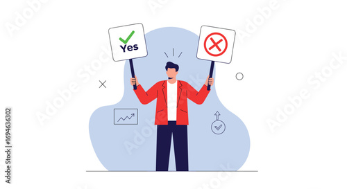 Man holding signs showing yes and no choices for decision making and voting