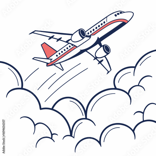 Modern commercial airplane ascending through stylized clouds with a simple graphic design style