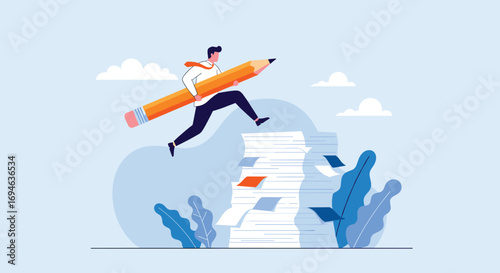 Creative writer overcoming paper obstacles with a giant pencil and boundless imagination