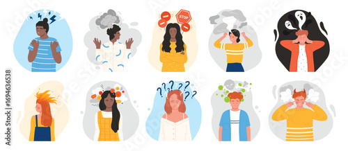 Negative thoughts and mood in people set vector illustration. Cartoon male and female characters with stress and anxiety in unhappy faces, bad weather, ghosts and questions over heads of pessimists