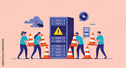 It maintenance team working around server rack with warning sign and traffic cones