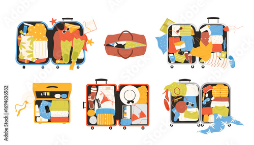 Open suitcases and bags set vector illustration. Cartoon isolated hand baggage of tourists collection with top view of luggage, folded and messy clothes, scattered things and beach accessories