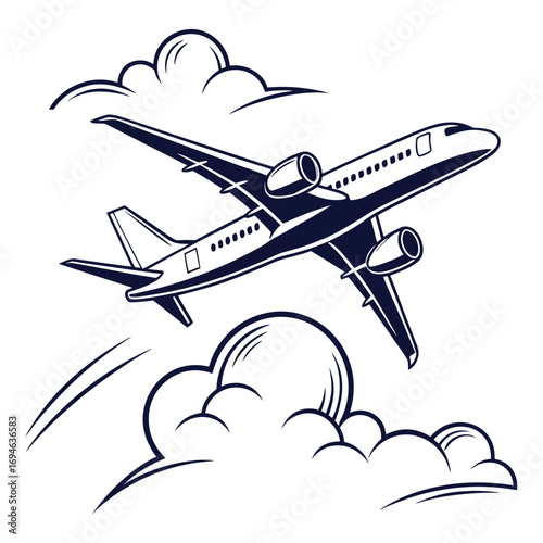 Modern jet airplane soaring through stylized clouds in a dynamic upward trajectory against a white background