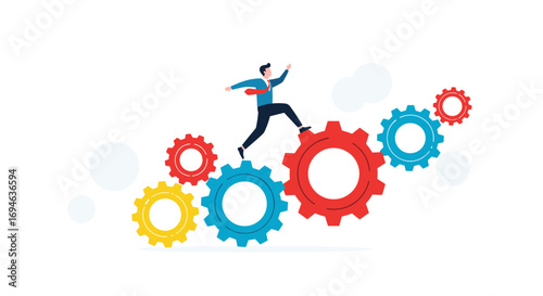 Business man jumping over gears symbolizing success and productivity growth