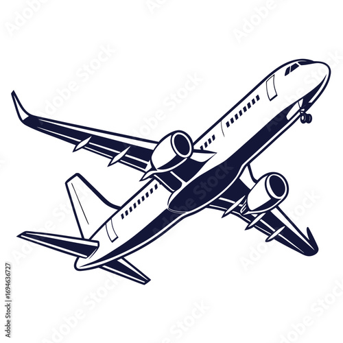 Modern jet airplane with twin engines ascending into the sky against a white background