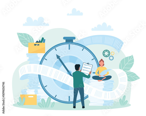 Office bureaucracy and paperwork, documentary management vector illustration. Cartoon busy tiny people work with long endless paper sheet of contract or business document, big timer and clipboard list