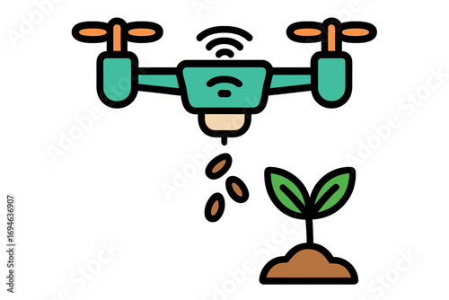 Drone planting seeds above a small growing plant on transparent background Reforestation Drone