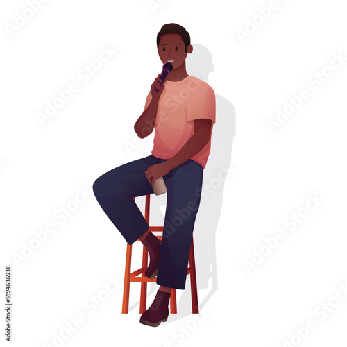 Comedy show, stand up, open mic event with comedian isolated on white background vector illustration. Cartoon young man with microphone sitting on stool, comic person performing humor monologue