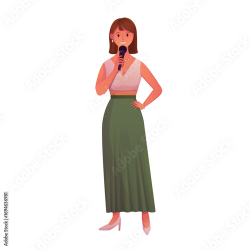 Cartoon young woman with microphone performing funny standup speech. Comedy performance, live stand up show with talent comedian speaking isolated on white background vector illustration