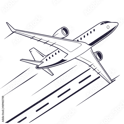 Sleek private jet taking off from runway with motion lines indicating speed and ascent