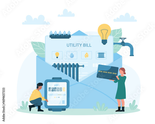 Payment for utilities vector illustration. Cartoon tiny people hold electric meter and credit card to pay for recurring consumption of electricity, gas and water, paper utility bill in mail envelope