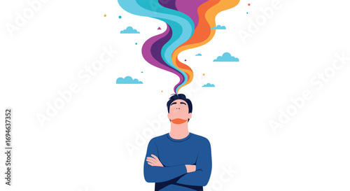 Man with colorful smoke rising from his head inspiring creative thinking and new ideas