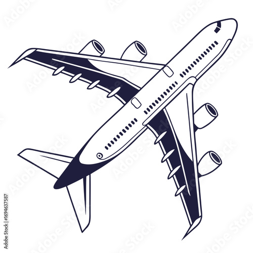Stylized line art illustration of a modern jet airplane in flight viewed from above