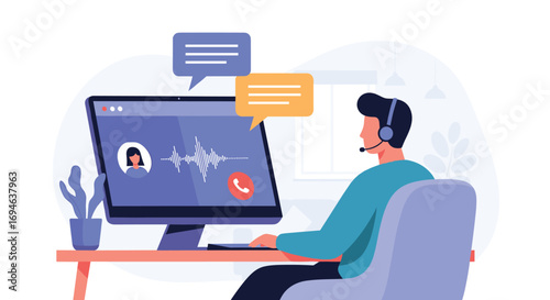 Customer service representative interacting with client through online video call on computer screen