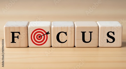 Wooden blocks spell focus with target symbol representing goal achievement success strategy
