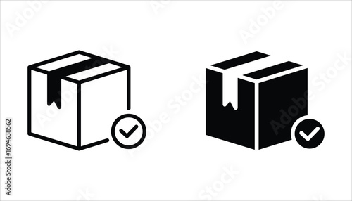 Package delivered confirmation icon set. Package with checkmark icon. Verified or successfully delivered package. Vector illustration for web design.