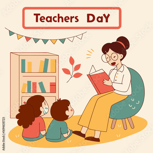 Teacher's day education reading children learning classroom book story knowledge student school happy cute illustration cartoon teacher fun study