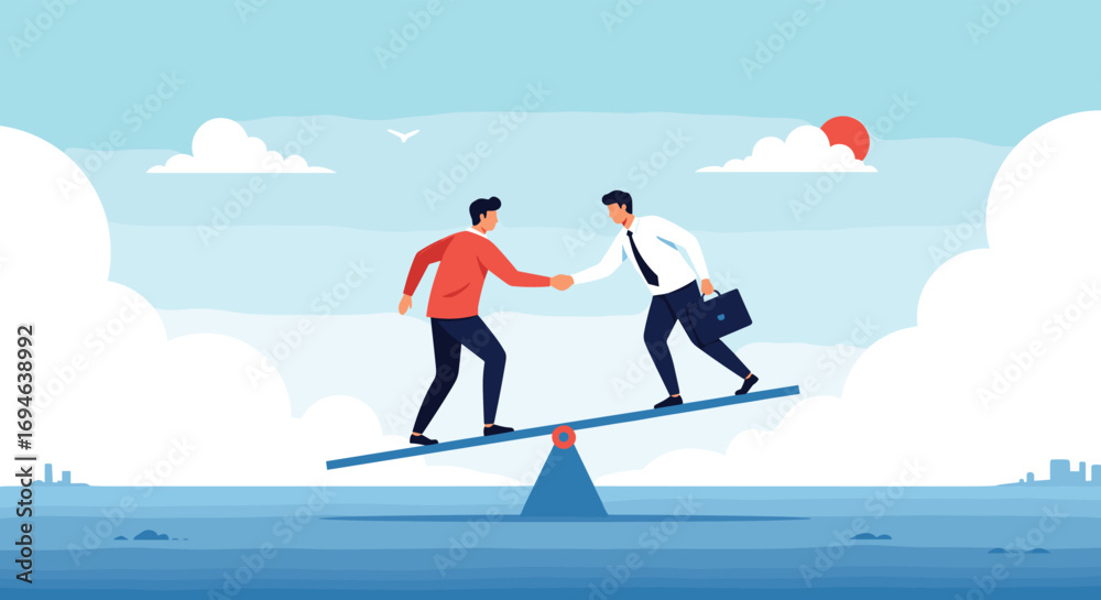 Obraz premium Businessmen balancing act success achieving partnership through teamwork and trust on a see saw
