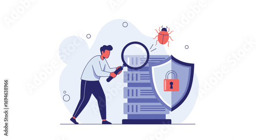Cybersecurity expert analyzing data servers and detecting a digital threat with a magnifying glass