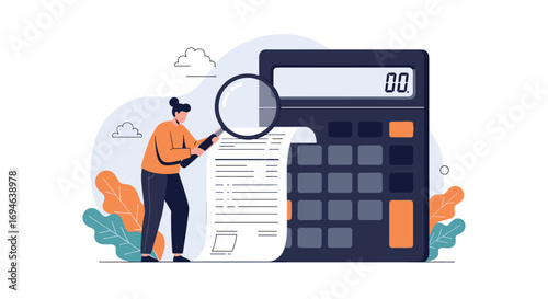 Analyzing financial documents with a magnifying glass next to a calculator illustration