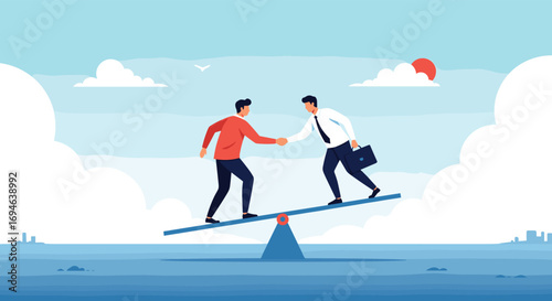 Businessmen balancing act success achieving partnership through teamwork and trust on a see saw