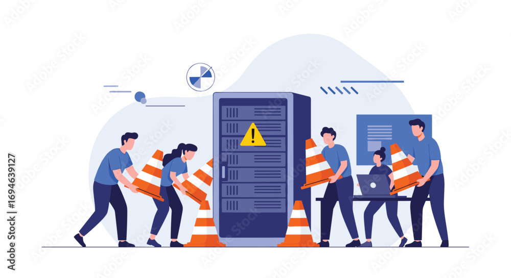 © OtherGRX18 - Server maintenance technicians installing safety cones around a data center during emergency repair work © OtherGRX18 - Server maintenance technicians installing safety cones around a data center during emergency repair work