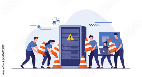 Server maintenance technicians installing safety cones around a data center during emergency repair work