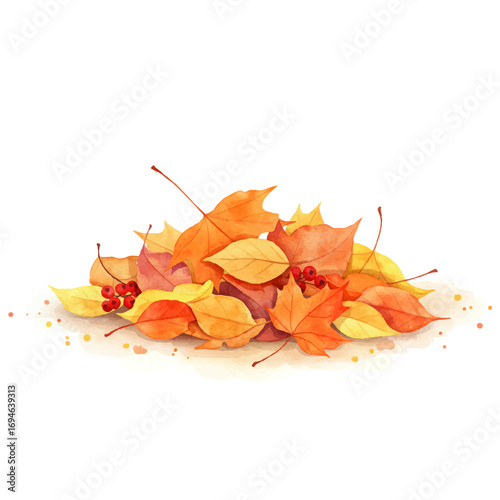 Autumnal watercolor leaf pile with bright red berries, fall season graphic element for design projects