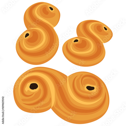 lussekatter, Swedish saffron flavored sweet bun vector drawing.