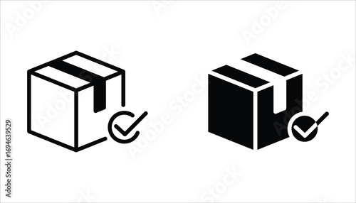 Package delivered confirmation icon set. Package with checkmark, linear icon. Verified or successfully delivered parcel. Isolated on white background.