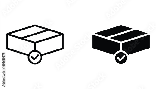 Package delivered confirmation icon set. Package with checkmark, linear icon. Verified or successfully delivered parcel. Isolated on white background.