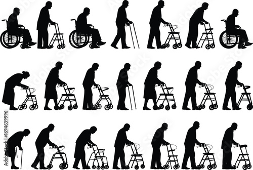 Silhouettes of Elderly Men and Women Using Walkers, Canes, and Wheelchairs for Mobility, Rehabilitation, Disability, and Senior Care Concepts
