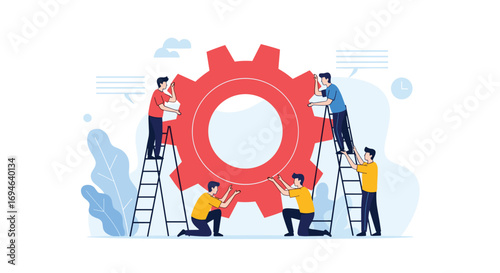 Team collaboration working together building a large red gear mechanism strategy