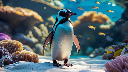 Fototapeta Naklejka Na Ścianę i Meble -  A majestic penguin standing proudly amidst a vibrant underwater coral reef and tropical fish