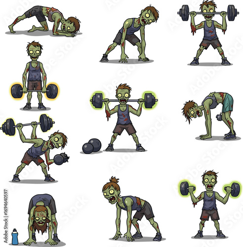Cartoon zombie doing fitness workout, gym exercise training, weightlifting, undead bodybuilder character illustration, funny horror fitness concept design