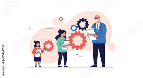 Teamwork and collaboration with gears and documents for business growth