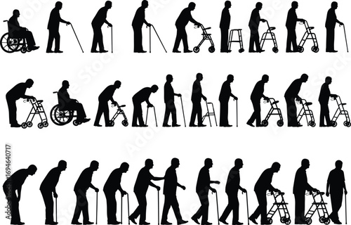 Silhouettes of Elderly People Walking with Canes, Walkers, and Wheelchairs Representing Aging, Disability, Rehabilitation, Mobility Aid, and Healthcare