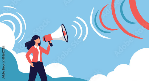 Woman with megaphone communicating a message out loud spreading awareness through announcement