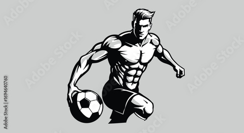 A muscular soccer player dribbles the ball with determination, isolated on white background, showcasing strength and skill in a dynamic black and white design