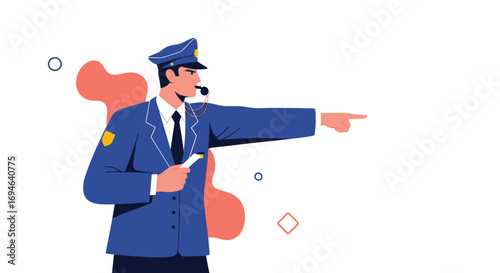 Police officer blowing whistle and directing traffic with hand in uniform classic style