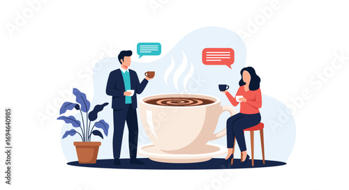 Business meeting with coffee break and casual conversation between two colleagues enjoying a hot beverage