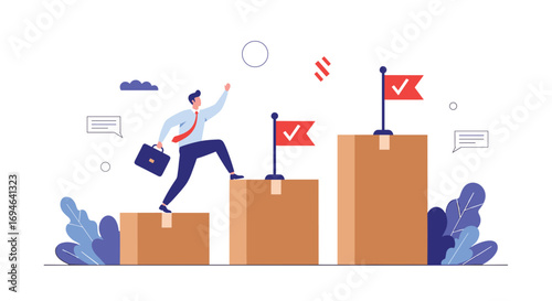 Businessman climbing steps towards success and achieving goals with flags marking milestones