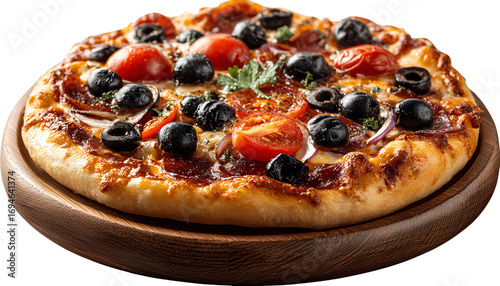 photo of a full pizza with black olives, tomatoes, and onions on a wooden plate, isolated on a transparent background.