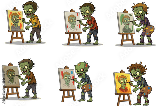 Funny Zombie Artists Painting Self Portraits, Cartoon Undead Characters with Easels, Halloween Horror Artwork, Creative Halloween Illustration, Spooky Art