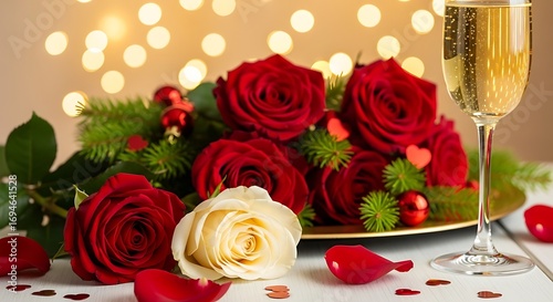 Beautiful Red Roses Champagne and Romantic Decorations for Celebration