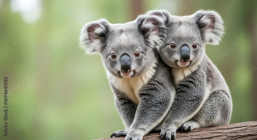 Fototapeta premium Two Koalas cuddling in forest.