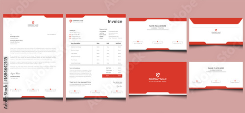 Editable elegant clean red office digital style minimal creative modern corporate company business branding identity stationery letterhead invoice business card envelope template design.