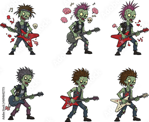 Zombie rock musicians playing electric guitars, Halloween undead band performance, cartoon punk rockers with spooky style, horror music illustration concept