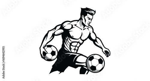 A muscular soccer player dribbles the ball with determination, isolated on white background, showcasing strength and skill in a dynamic black and white design