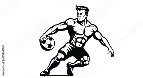 A muscular soccer player dribbles the ball with determination, isolated on white background, showcasing strength and skill in a dynamic black and white design